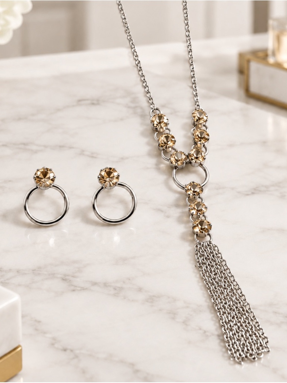 Avon Silver-Tone Necklace & Earring Set with Gold Crystal Accents